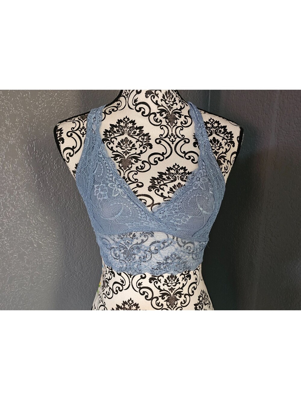 Shekini Lace Bralette Bra Size Small Floral Light Blue Sheer Cross Back Wireless